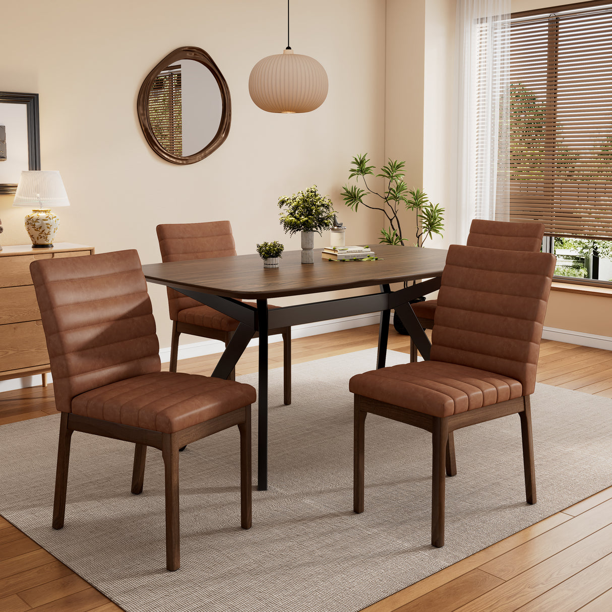 5-Pieces Upholstered Dining Set With Rubberwood Frame,Cognac Brown+Walnut+Black
