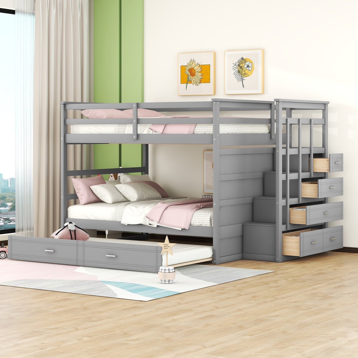 Full Over Full Bunk Bed with Twin Size Trundle and Staircase, Gray(OLD SKU:LT000268AAE)