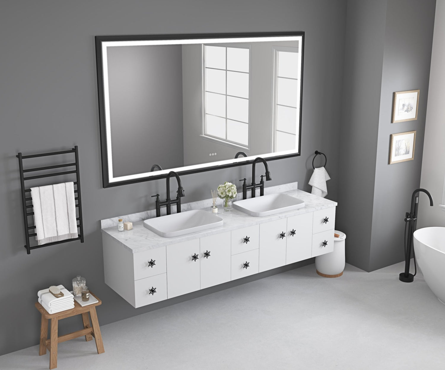 72in. W x 48in. H Oversized Rectangular Black Framed LED Mirror Anti - Fog Dimmable Wall Mount Bathroom Vanity Mirror HD Wall Mirror Kit For Gym And Dance Studio 48X 72Inches With Safety Ba | Home Elegance USA