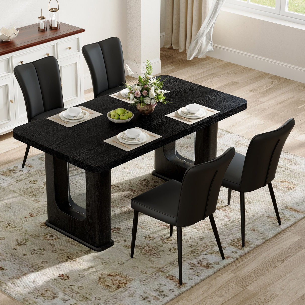 Table and chair set. 64.5 x 35.4 Inch Stylish Black Wood Color Textured Dining Table.Paired with 4 Black PU chairs with a vertical stripe design on the backrest and black metal legs. - sold by Home Elegance USA