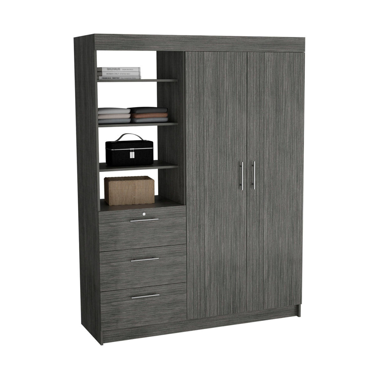 3-Tier Shelf and Drawers Armoire with Metal Handles, Smokey Oak - sold by Home Elegance USA