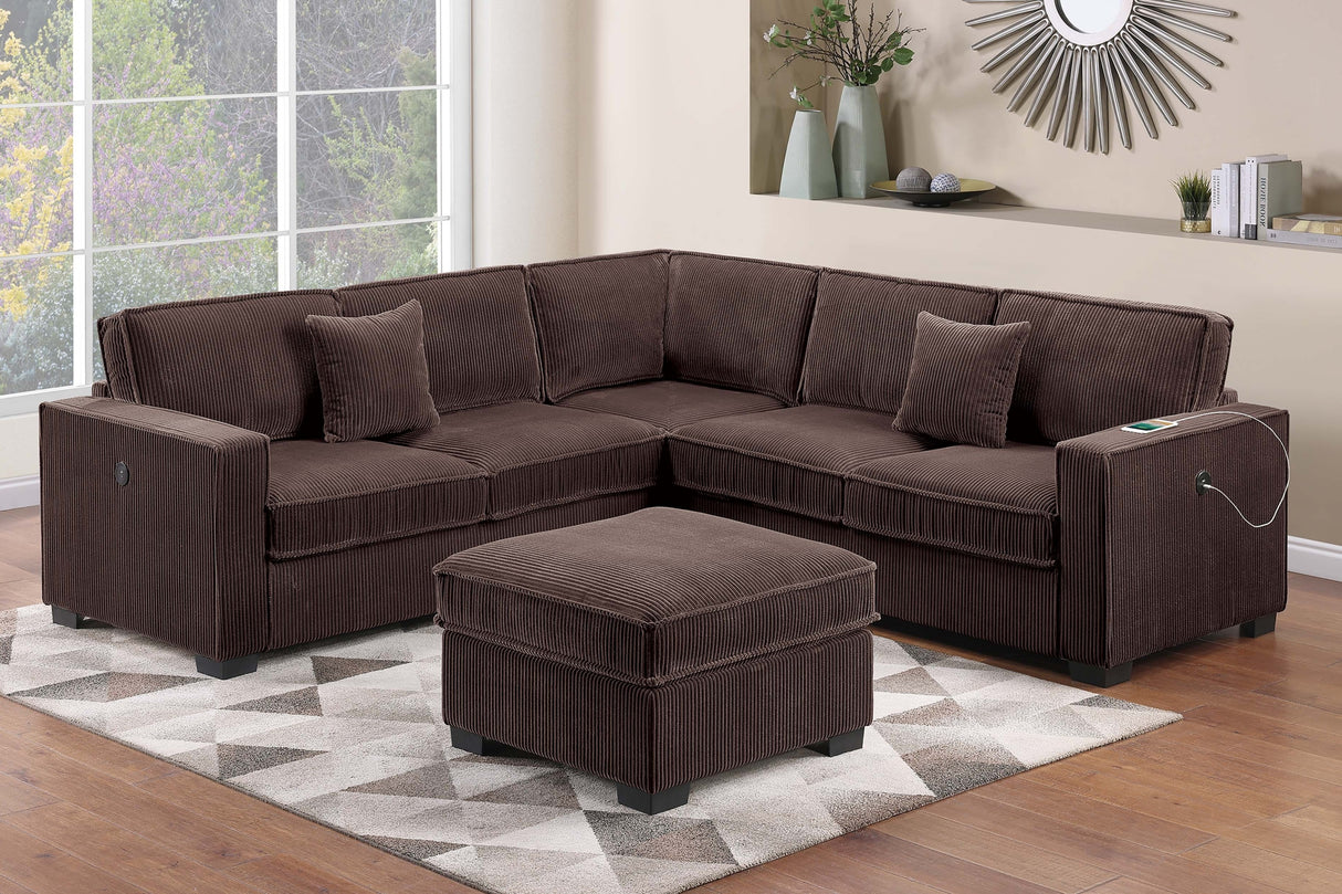 Modern Style 4pc Sectional Set Right Arm And Left Arm Loveseat USB Port Plastic Legs Cocktail Ottoman Matching Two Pillows Chocolate Finish Primary Living Room