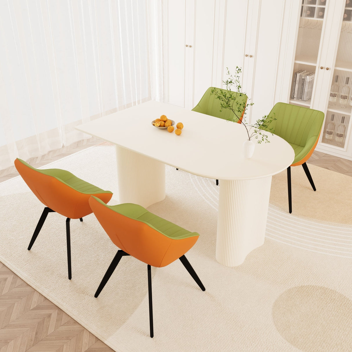 63' medieval modern cream style MDF dining table and green PU dining chair set, 4 sets of black metal leg dining chairs, suitable for kitchen&home - sold by Home Elegance USA