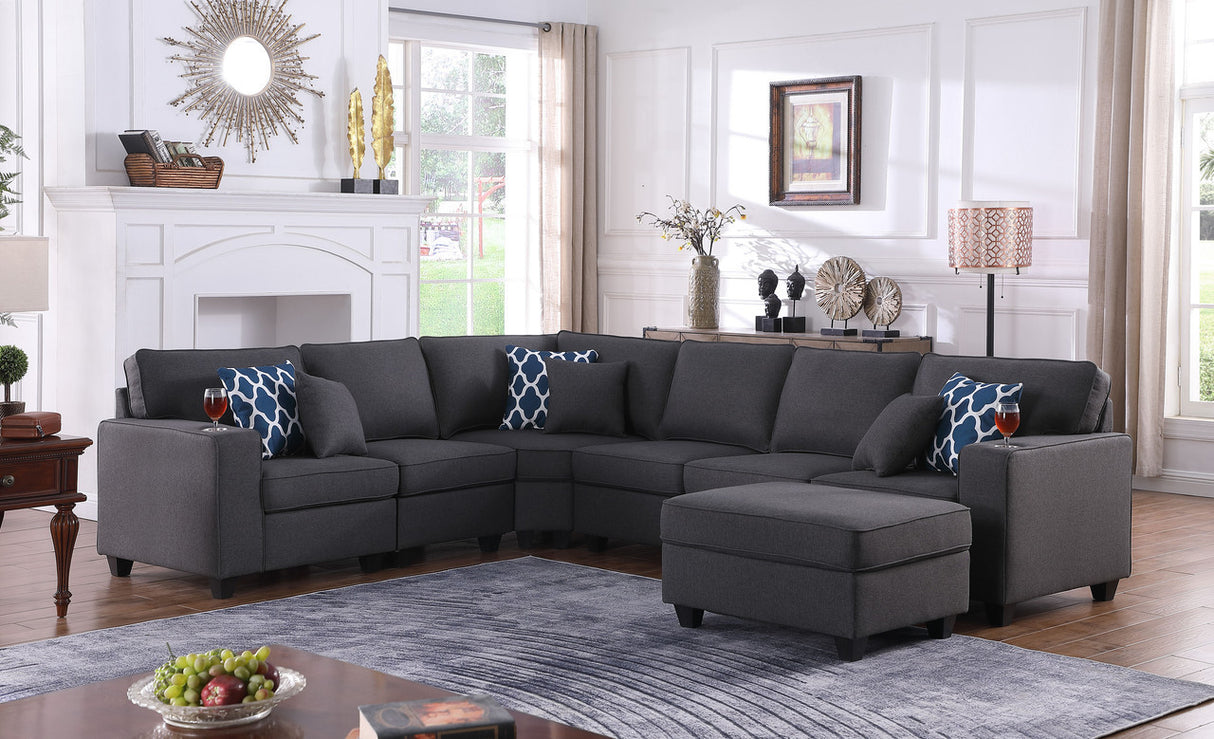 Cooper 125' Dark Gray Linen 7Pc Reversible L-Shape Sectional Sofa with Ottoman and Cupholder