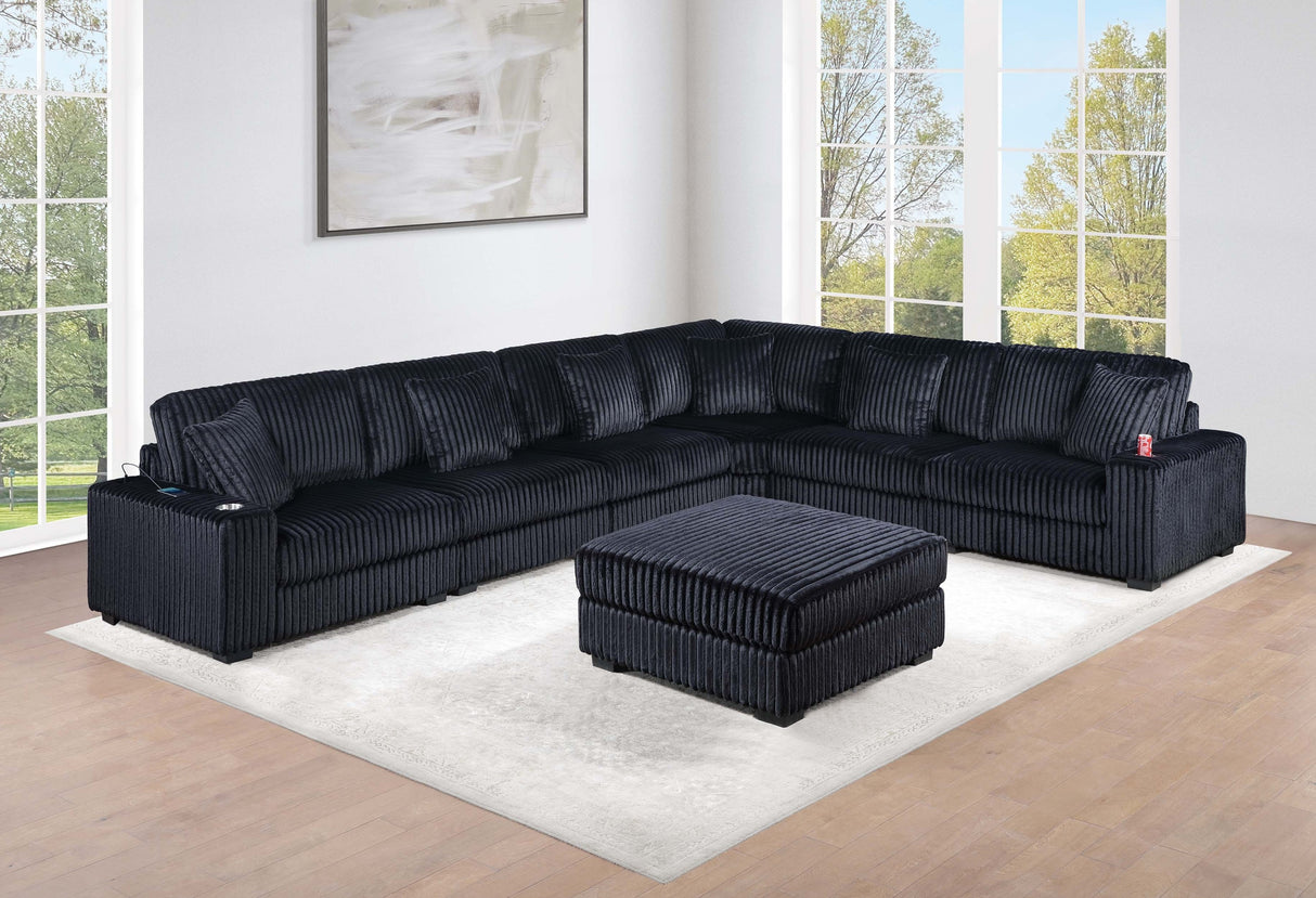 Contemporary Modern 7-PC Modular L-Sectional Sofa Set USB Cup Holder Black Corduroy Living Room Furniture Ottoman - sold by Home Elegance USA