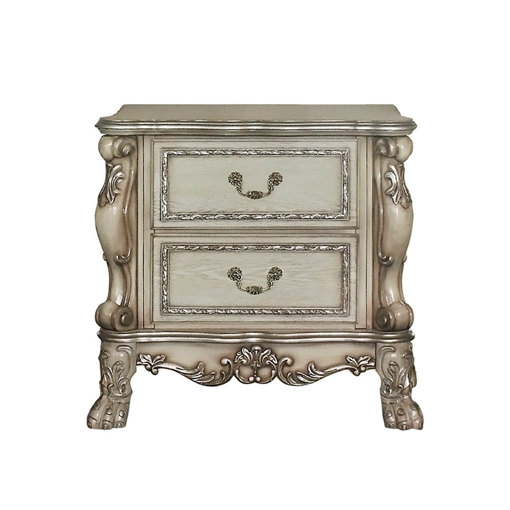 Wooden 2 Drawers Nightstand in Gold Patina and Bone Finish