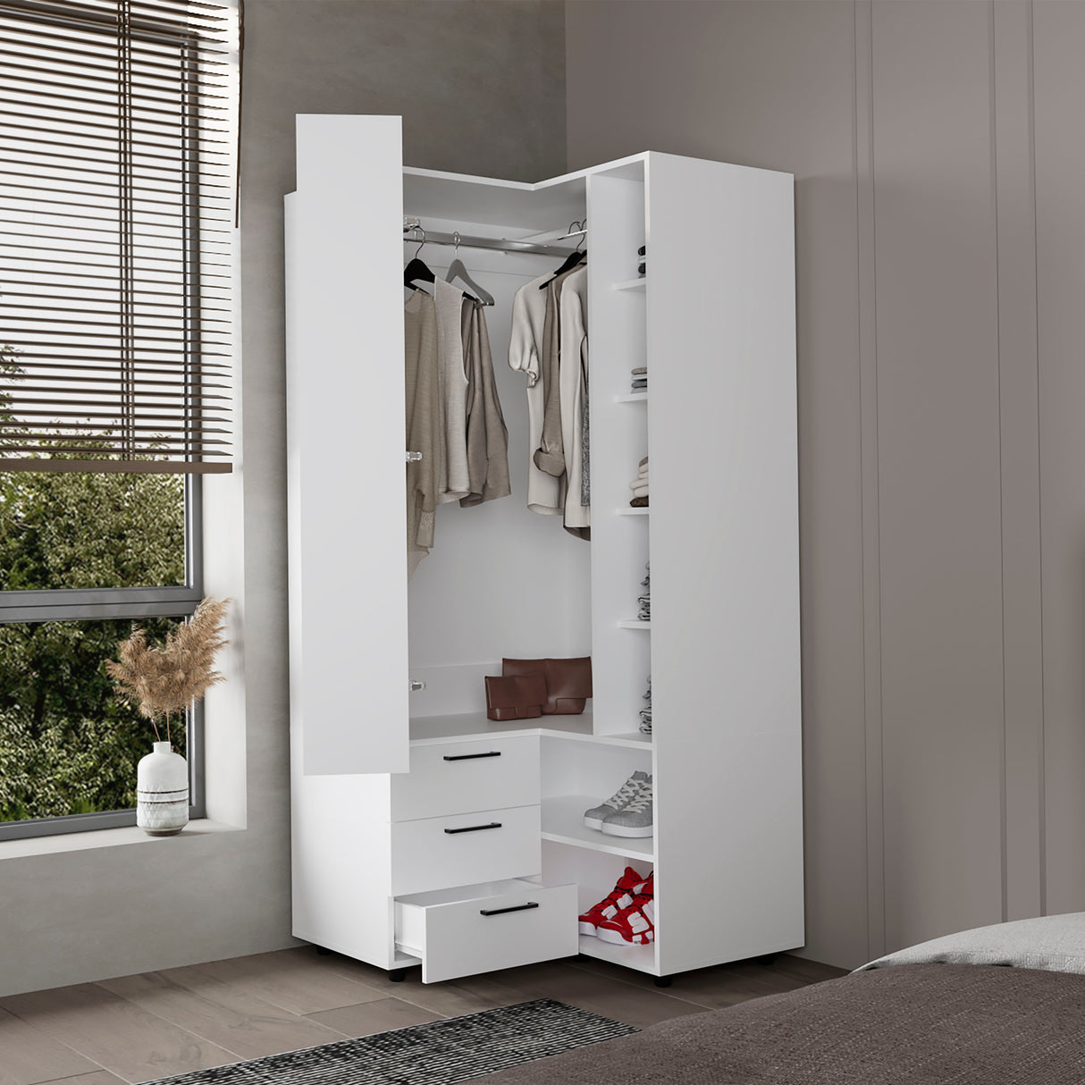 FM FURNITURE Thatcher Armoire- wardrobe, shoe storage, Open Storage and 2 - drawer, White - sold by Home Elegance USA