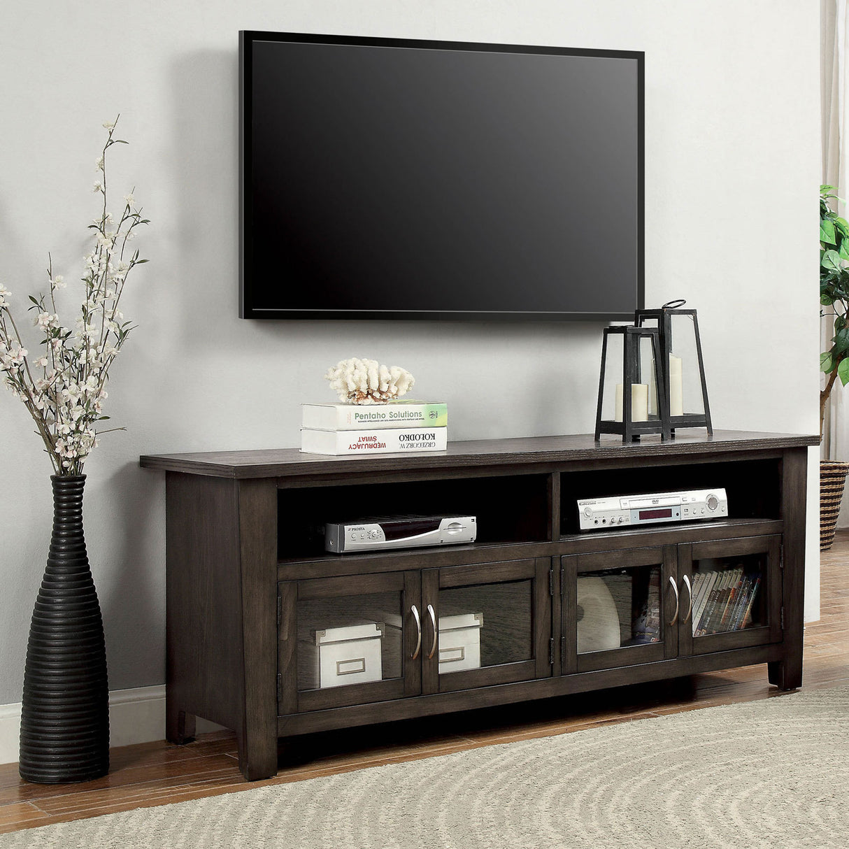 Transitional Style TV Console Base With Dual Cabinet And Two Open Shelves 3mm Tempered Glass On Cabinet Doors Rear Wearing Access Gray Finish