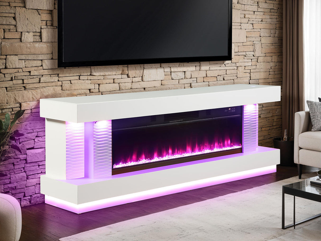 Contemporary Style TV Stand Electric Fire Place w/ Heater Included Fahrenheit & Celsius Display White Finish Primary Living Room - sold by Home Elegance USA
