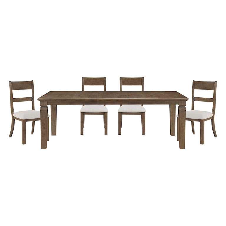 Dining table set with four chairs on a white background