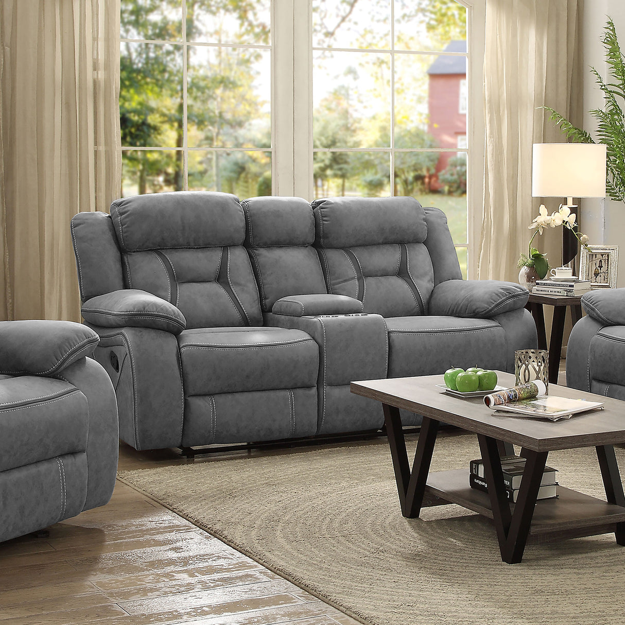 Motion Loveseat - Higgins Pillow Top Arm Motion Loveseat with Console Grey