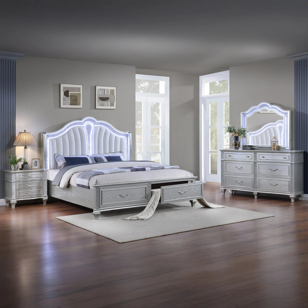 Mystic Contemporary Style Upholstered LED headboard King 4PC Bedroom Set made with Wood in Silver(CA Inventory) - sold by Home Elegance USA