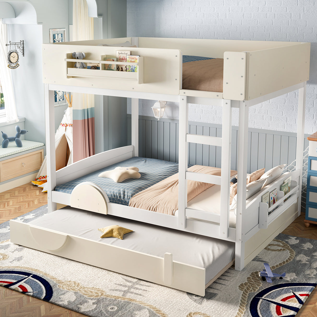 Full Bunk Bed with Trundle , Wood Bunk Bed Frame with Built-in Bookshelf and High-quality Safety Guardrail,Automobile Form Design for Kids ,White& Beige.