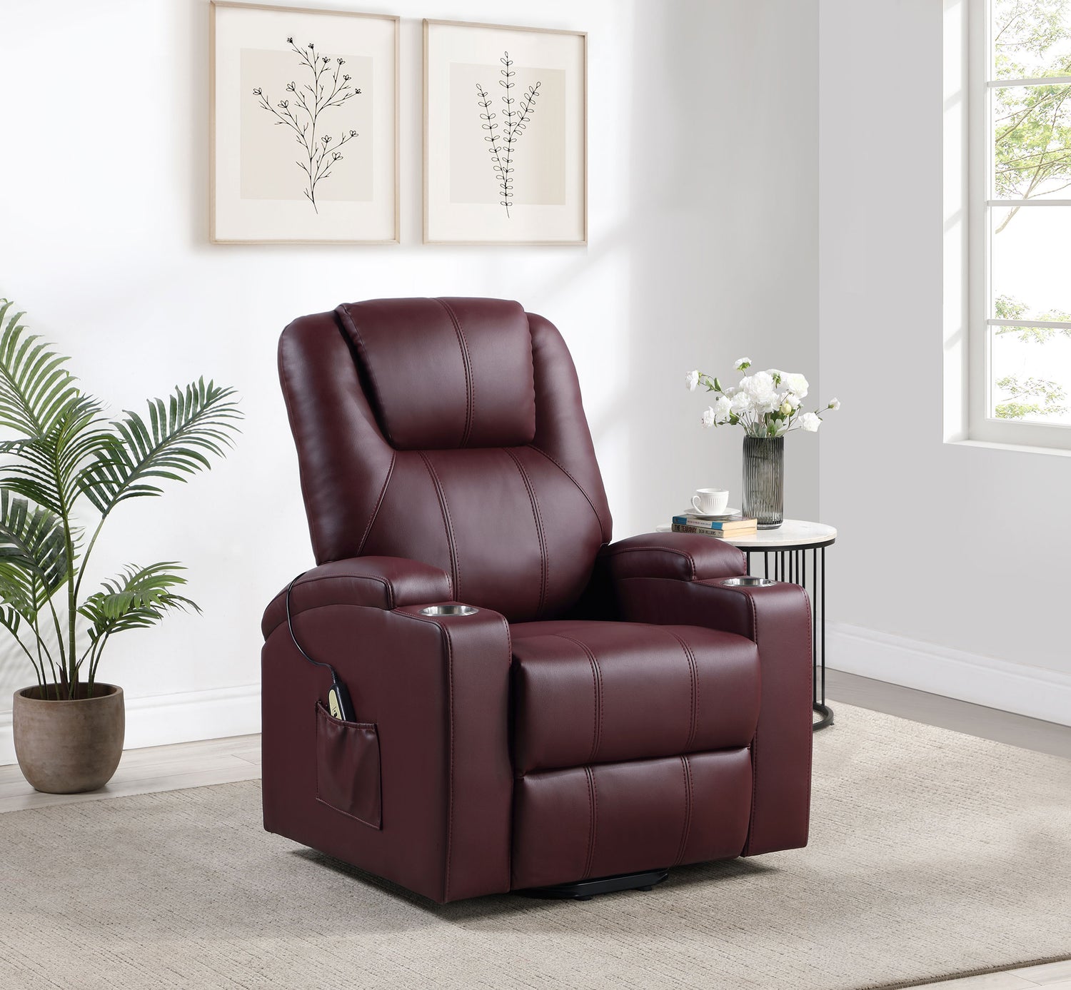 Sillón reclinable de masaje eléctrico tapizado Armstrong color vino tinto