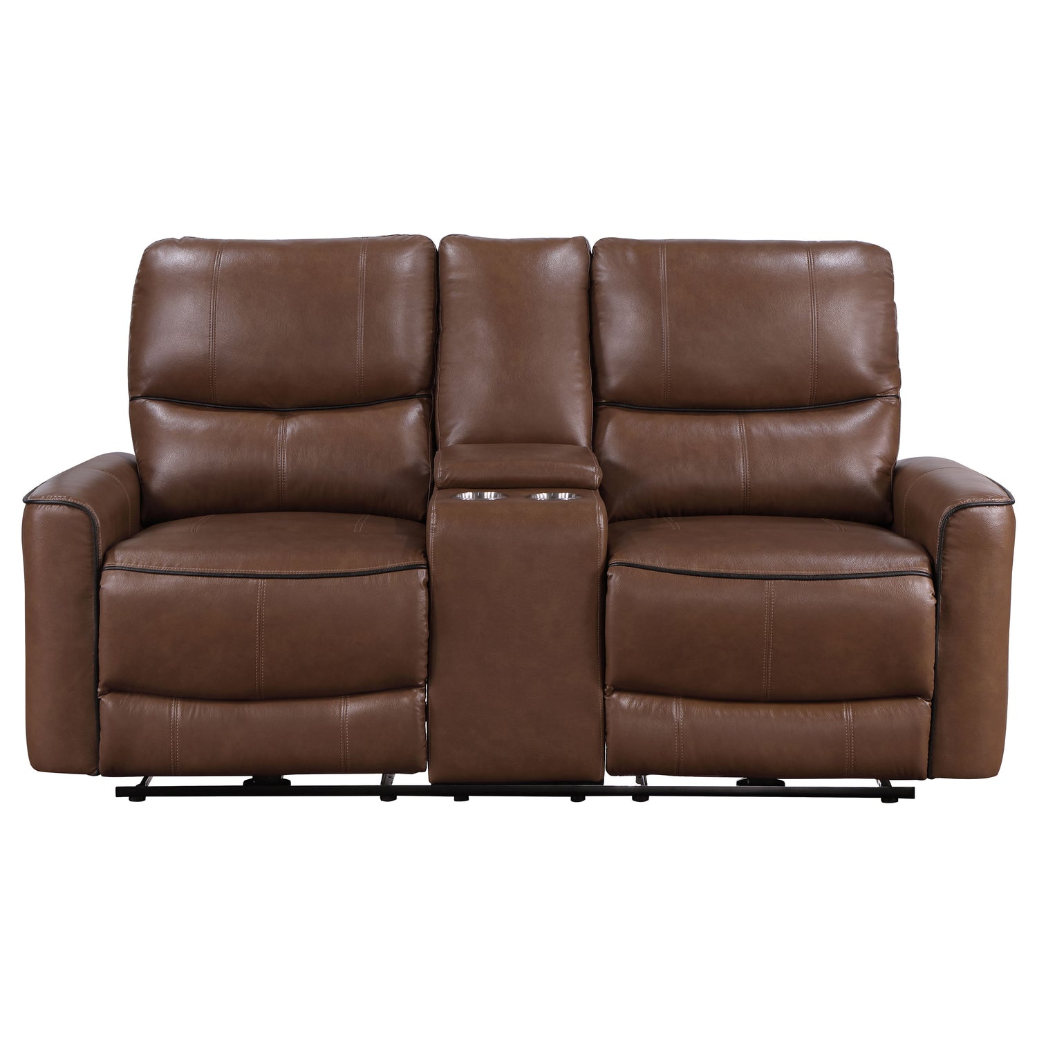 Power Loveseat - Greenfield Upholstered Power Reclining Loveseat with Console Saddle Brown