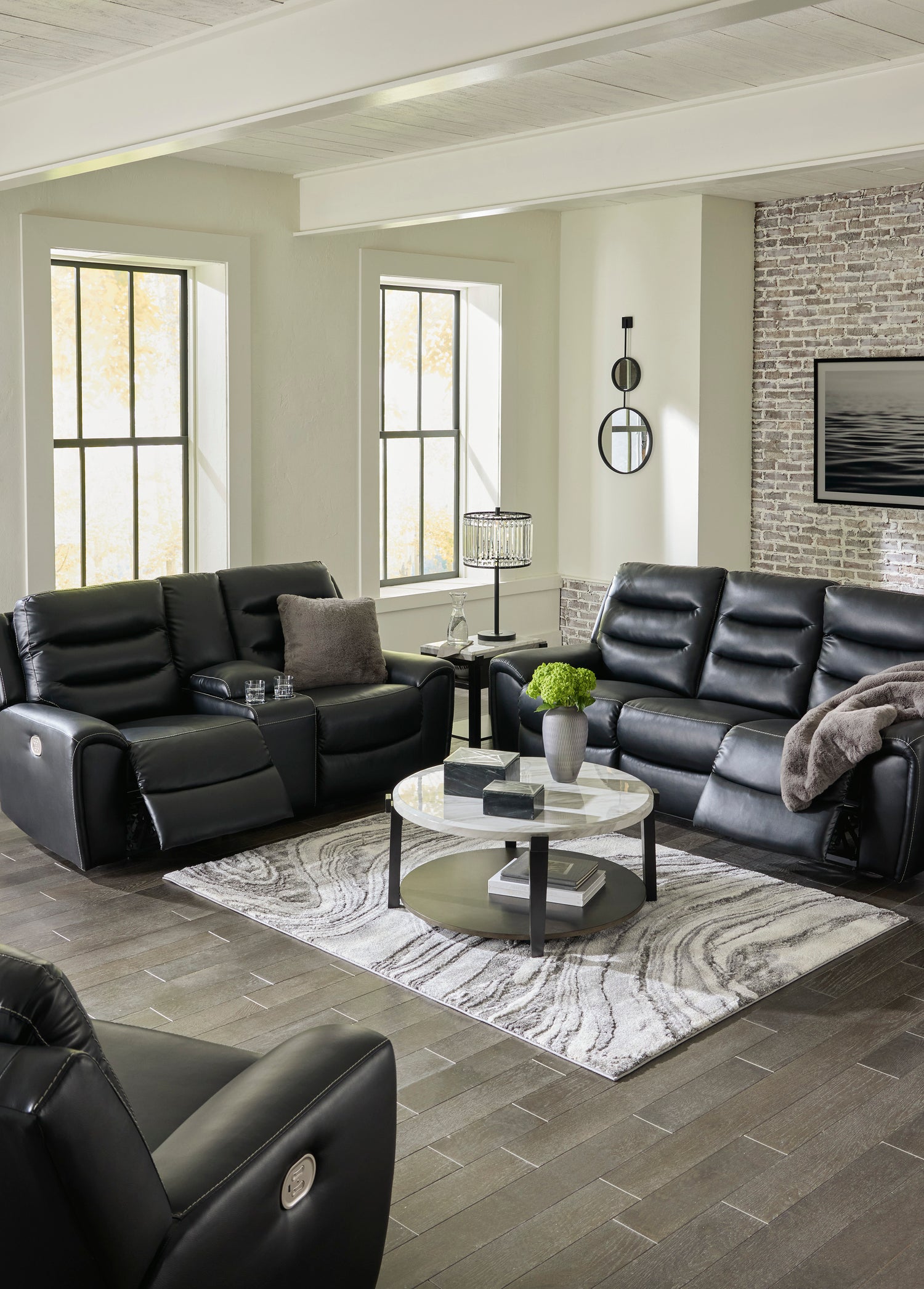 Ashley Black Warlin PWR REC Loveseat/CON/ADJ HDRST - Faux Leather - Home Elegance USA