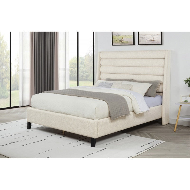 Upholstered Queen Platform Bed, Rolled Channel Tufted Headboard Modern Bedroom Bed Frame, Beige