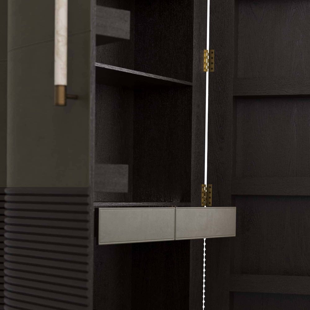 Sherbourne Cabinet – Graphite Leather, Ebony Oak, White Marble, Antique Brass | Arteriors