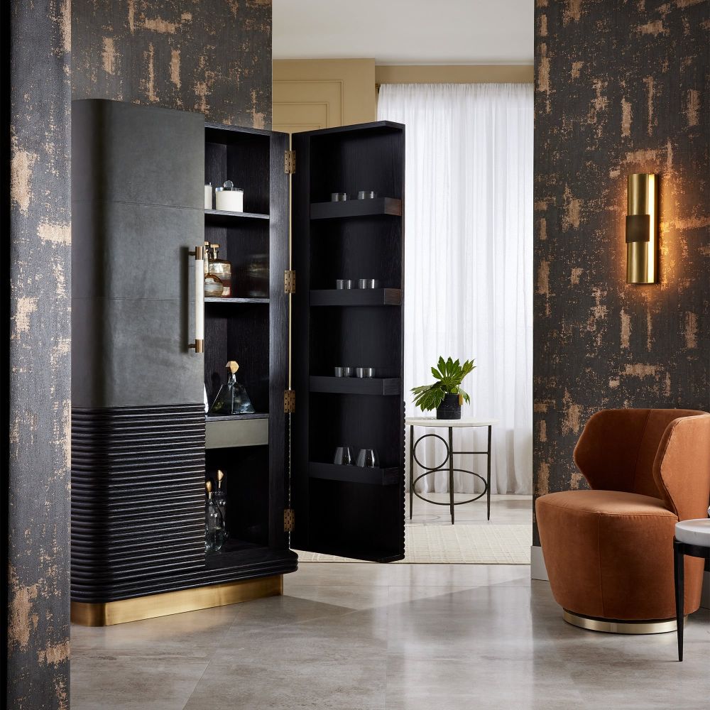 Sherbourne Cabinet – Graphite Leather, Ebony Oak, White Marble, Antique Brass | Arteriors