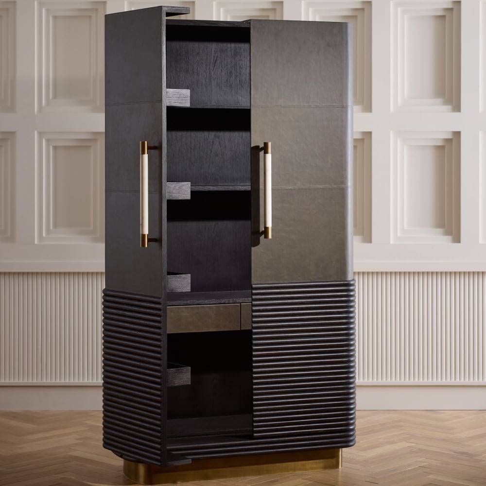 Sherbourne Cabinet – Graphite Leather, Ebony Oak, White Marble, Antique Brass | Arteriors