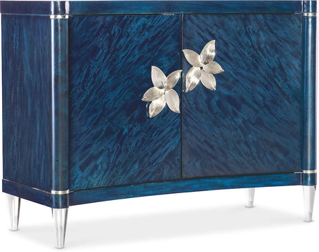 Hooker Furniture Melange Sapphire Accent Chest – Sapphire Blue Finish, Acrylic Legs, Silver Floral Hardware - Home Elegance USA