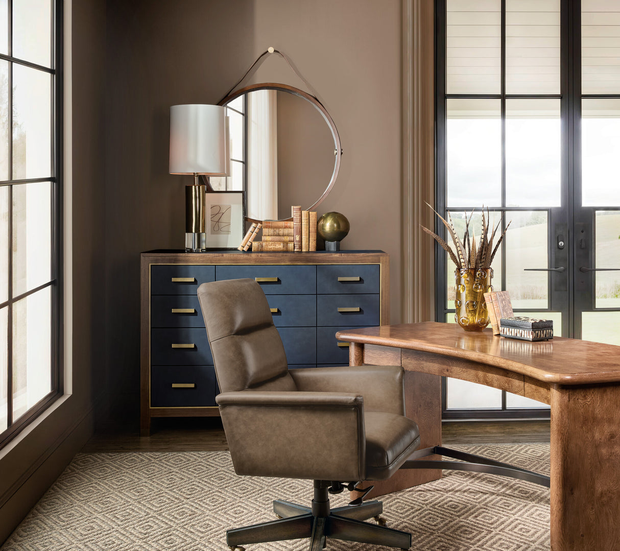 Melange Geneva Accent Drawer Chest by Hooker Furniture in Navy Leather & Walnut