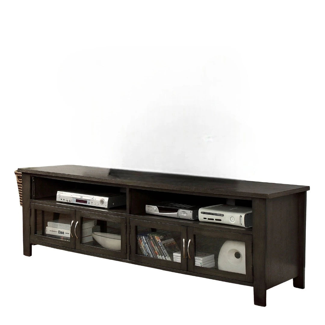 Transitional Style TV Console Base With Dual Cabinet And Two Open Shelves 3mm Tempered Glass On Cabinet Doors Rear Wearing Access Gray Finish - sold by Home Elegance USA