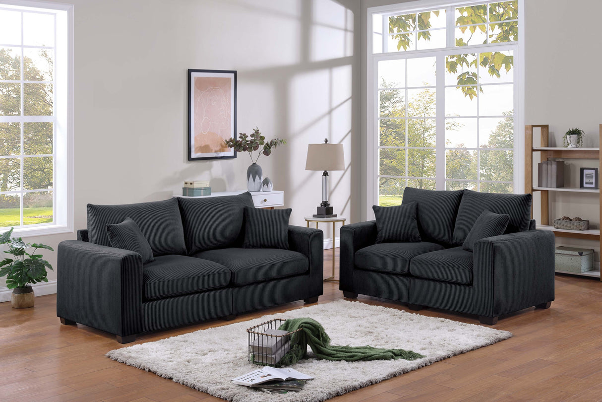 Contemporary Style 2pc Sofa Set 1x Loveseat 1x Sofa Set Cushion Back Matching Pillow Square Arms Wooden Legs Black Finish Primary Living Room