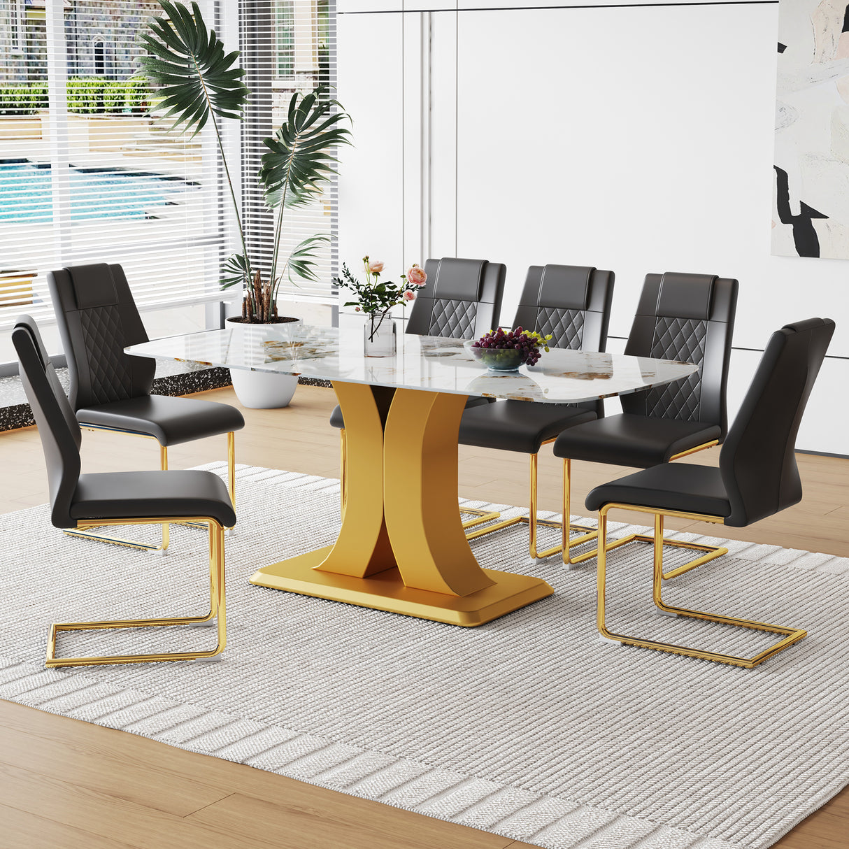 Table and chair set.71'x35.4'x30' Luxurious Pandora Patterned Glass Dining Tabletop with Golden Back To Back C-Shaped MDF Legs.Paried With 6 Black High-quality PU Chairs With Arched Metal Legs.