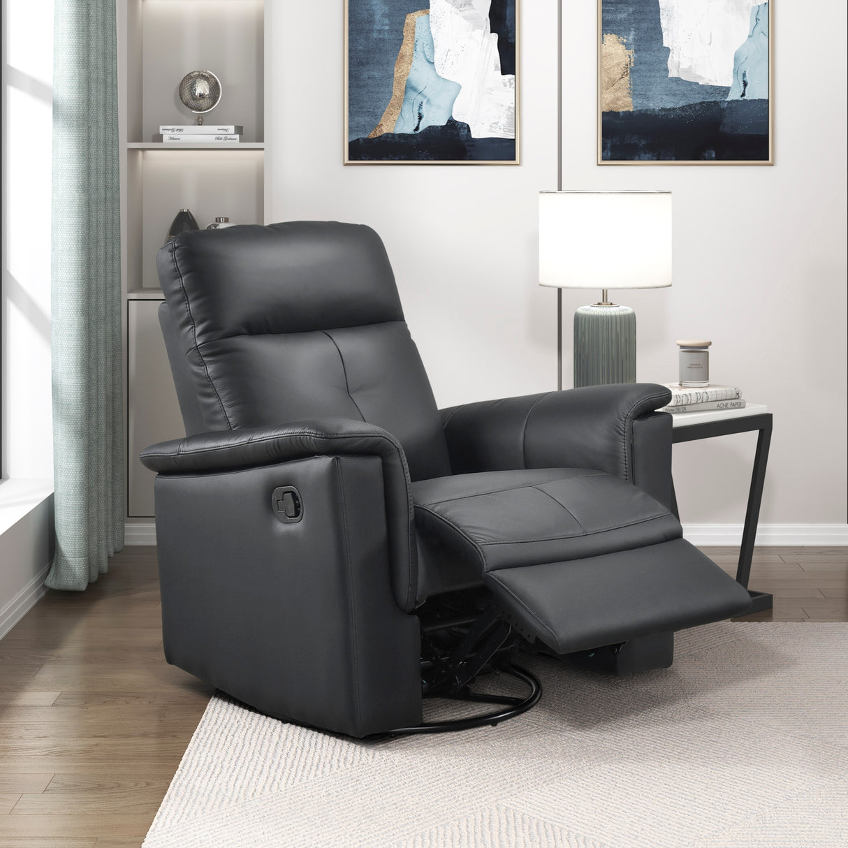 Black Leather Upholstered Swivel Glider Reclining Chair Luxury Living Room Furniture Comfort Chair 1pc Plush Comfort