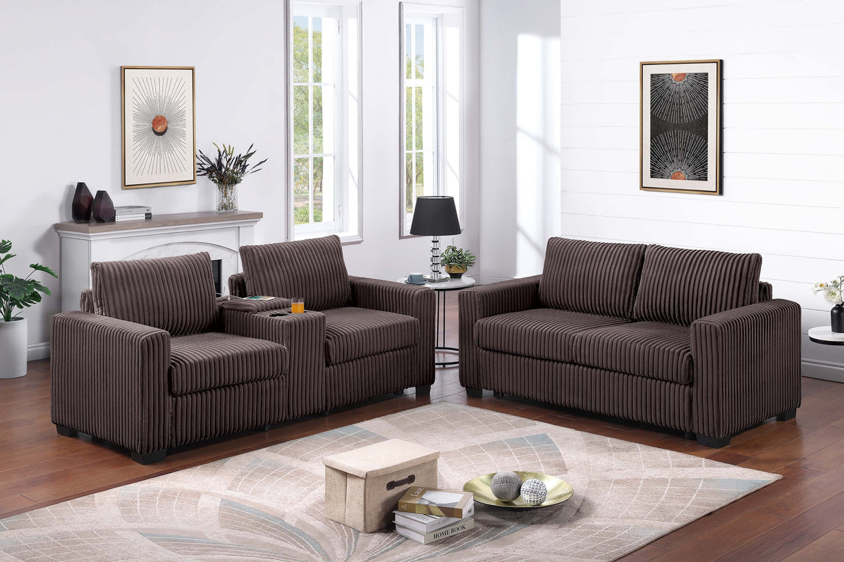 Chocolate Finish 2pc Sofa Set Back Cushion Plastic Legs Cup Holders Charging Port Corduroy Upholstered Modern Primary Living Room