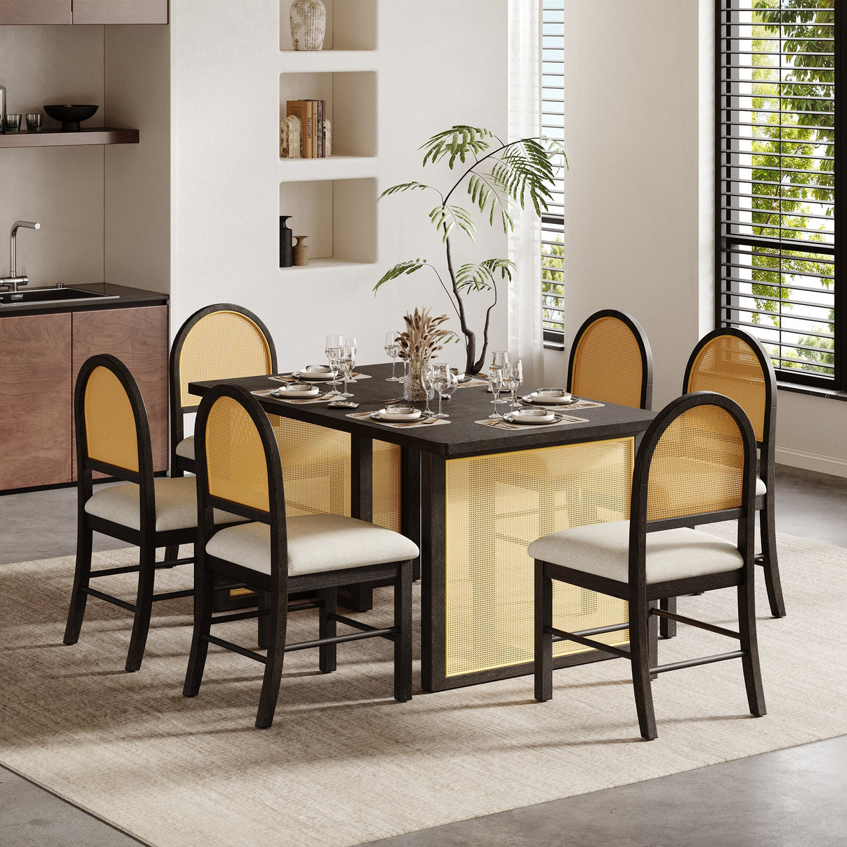 TREXM 7-Piece Farmhouse Dining Table Set for 6 - 59.8' Rectangular Dining Table with Distressed Oak Veneer and 6 Rattan Chairs, Rustic Kitchen Furniture for Dining Room(Espresso) - sold by Home Elegance USA