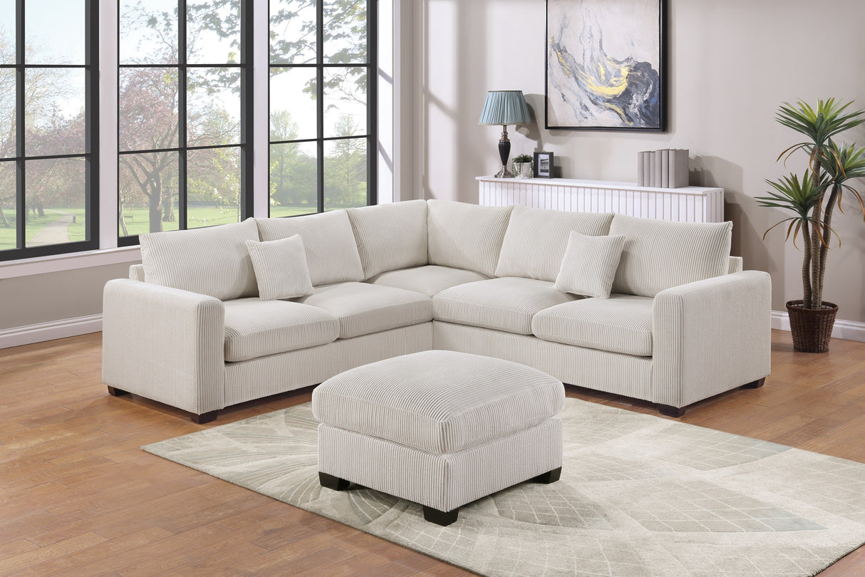 L-Sectional Sofa Corduroy Ivory Color LAF And RAF Loveseats Corner Wedge Ottoman 4pcs Sectional Set Couch Living Room Furniture
