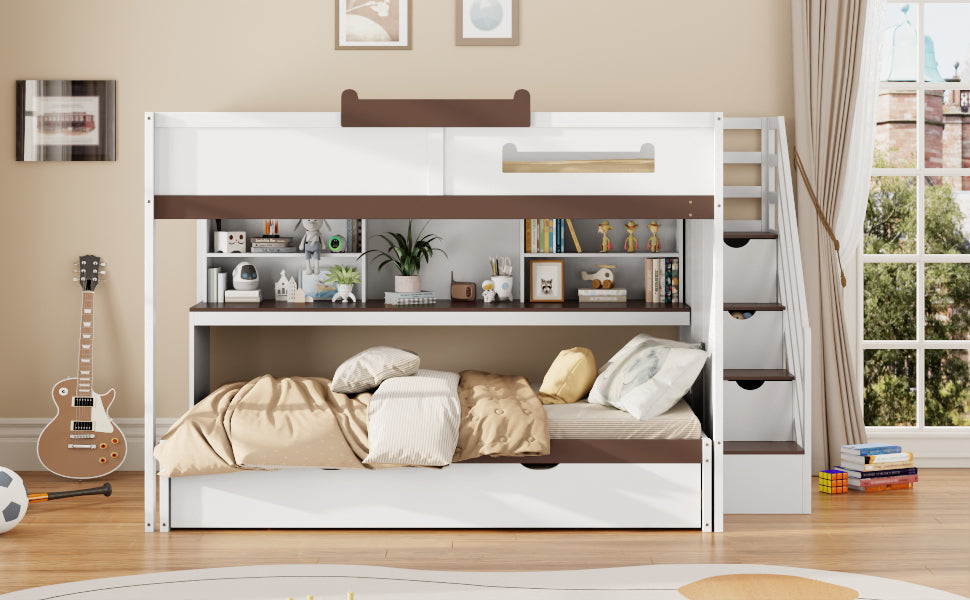 Full Over Full Bunk Bed with Twin Size Trundle and Staircase, Shelves, LED,White - sold by Home Elegance USA