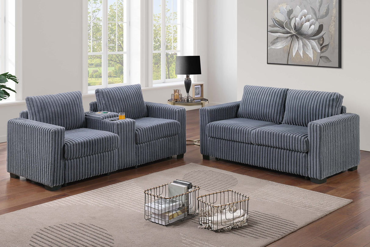 Modern Style 2pc Sofa Set 1x Sofa 1x Loveseat Back Cushion Plastic Legs Cup Holders Charging Port Corduroy Upholstered Dark Gray Finish Primary Living Room