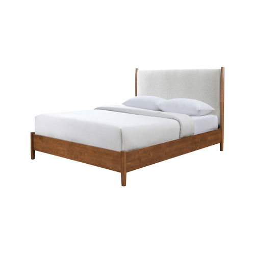 Walnut Color Panel Headboard Beige Upholstered 1pc Queen Size Bed Solid wood Mattress Ready Mid-Century Modern Style
