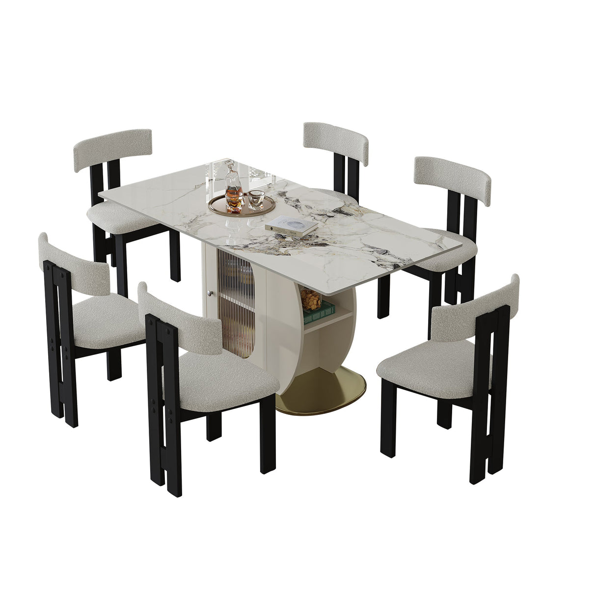 63' Modern 4-6 Person Dining Table Set with Storage in Burnt Stone Top & Gold Solid Wood Base, Includes 6 White Velvet Chairs for Kitchen, Apartment - sold by Home Elegance USA