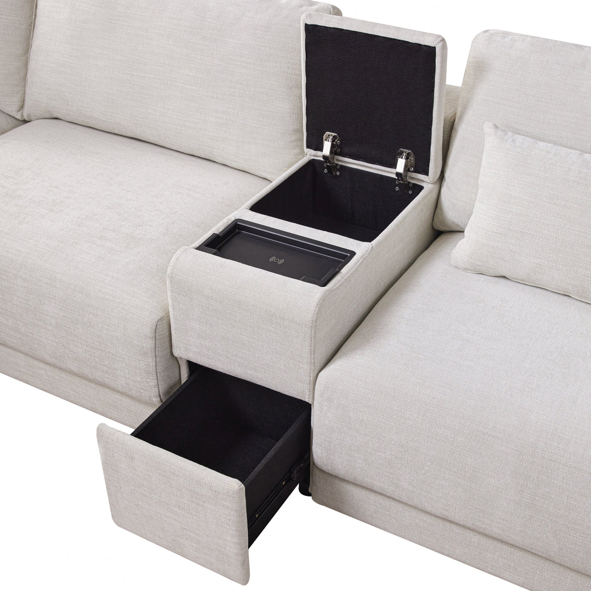 124'' L-Shaped Sectional Sofa with Multi-Functional Storage Console, Wired&Wireless Charger, Movable Ottoman, Wider&Thicker Cushion, Free Combination for Living Room&Apartment, Chenille - sold by Home Elegance USA