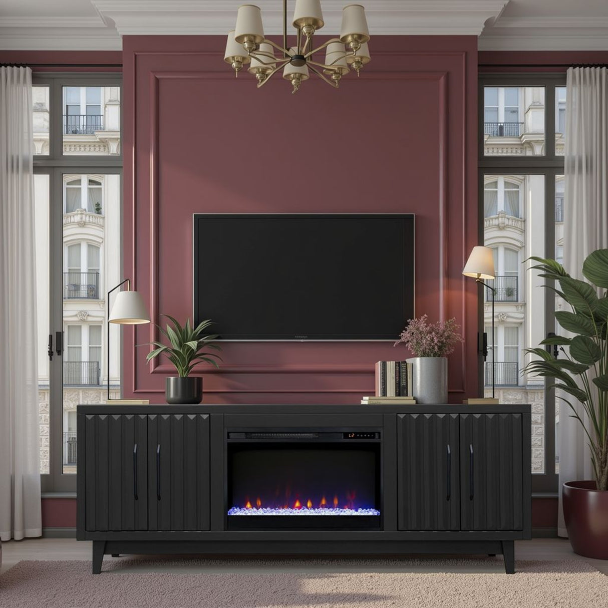 Soporte para TV con chimenea Radiance de 75 pulgadas, para televisores de hasta 85 pulgadas, acabado negro