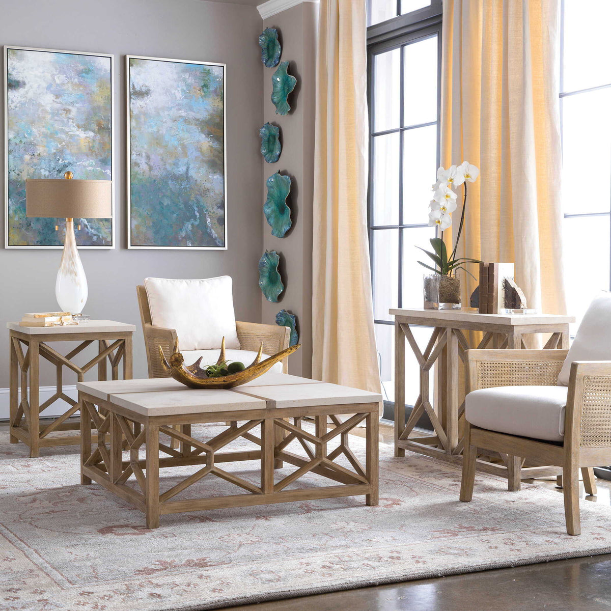 Catali Stone Coffee Table White & Light Brown - White / Light Brown by Uttermost - View 2