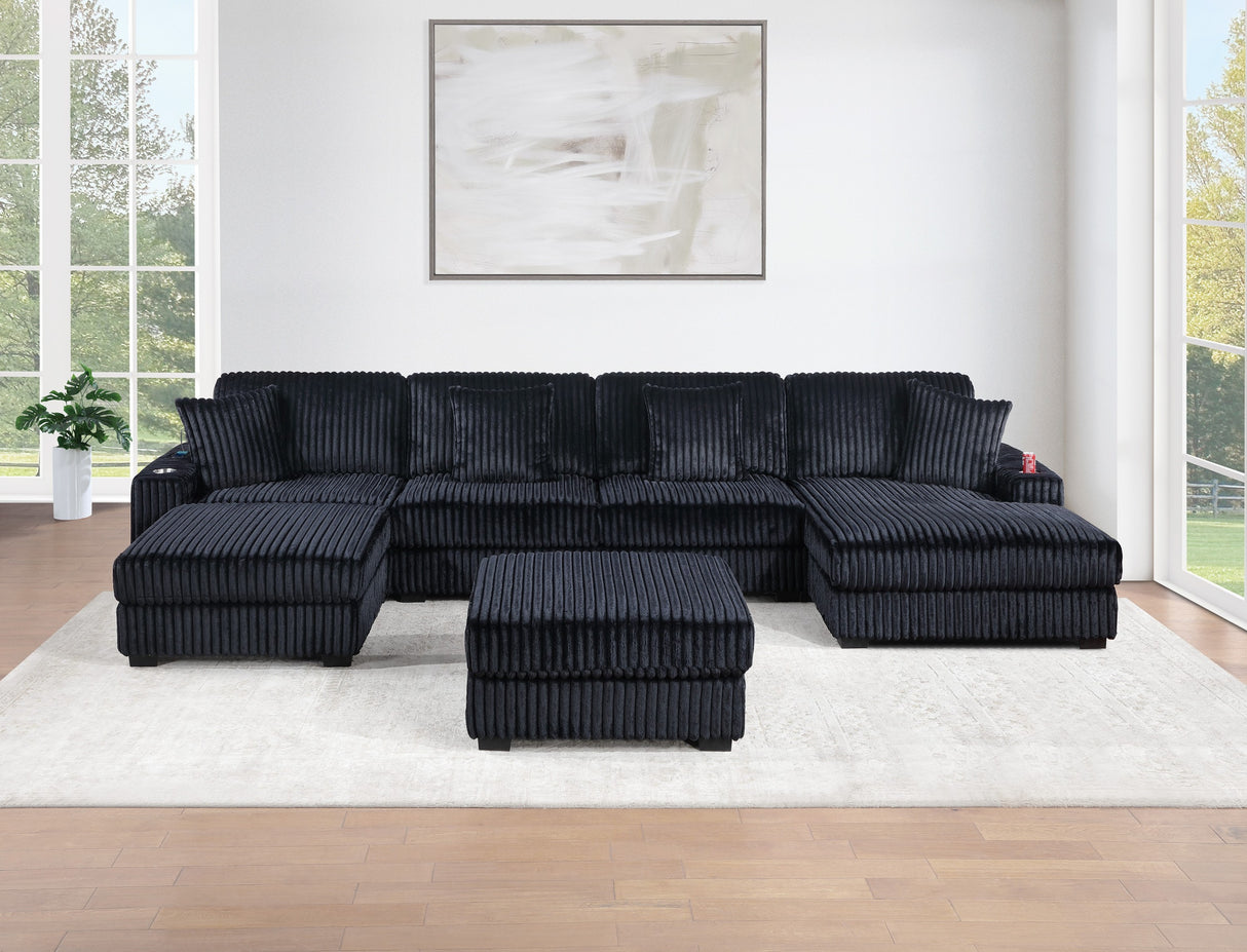 Contemporary Modern 6-PC Modular U-Sectional Sofa Set USB Cup Holder Black Finish Corduroy Living Room Furniture Couch