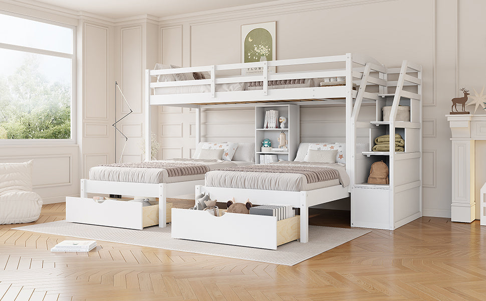 Twin over Twin&Twin Bunk Bed, Triple Bunk Bed with Drawers, Staircase with Storage, Built-in Shelves, White - sold by Home Elegance USA