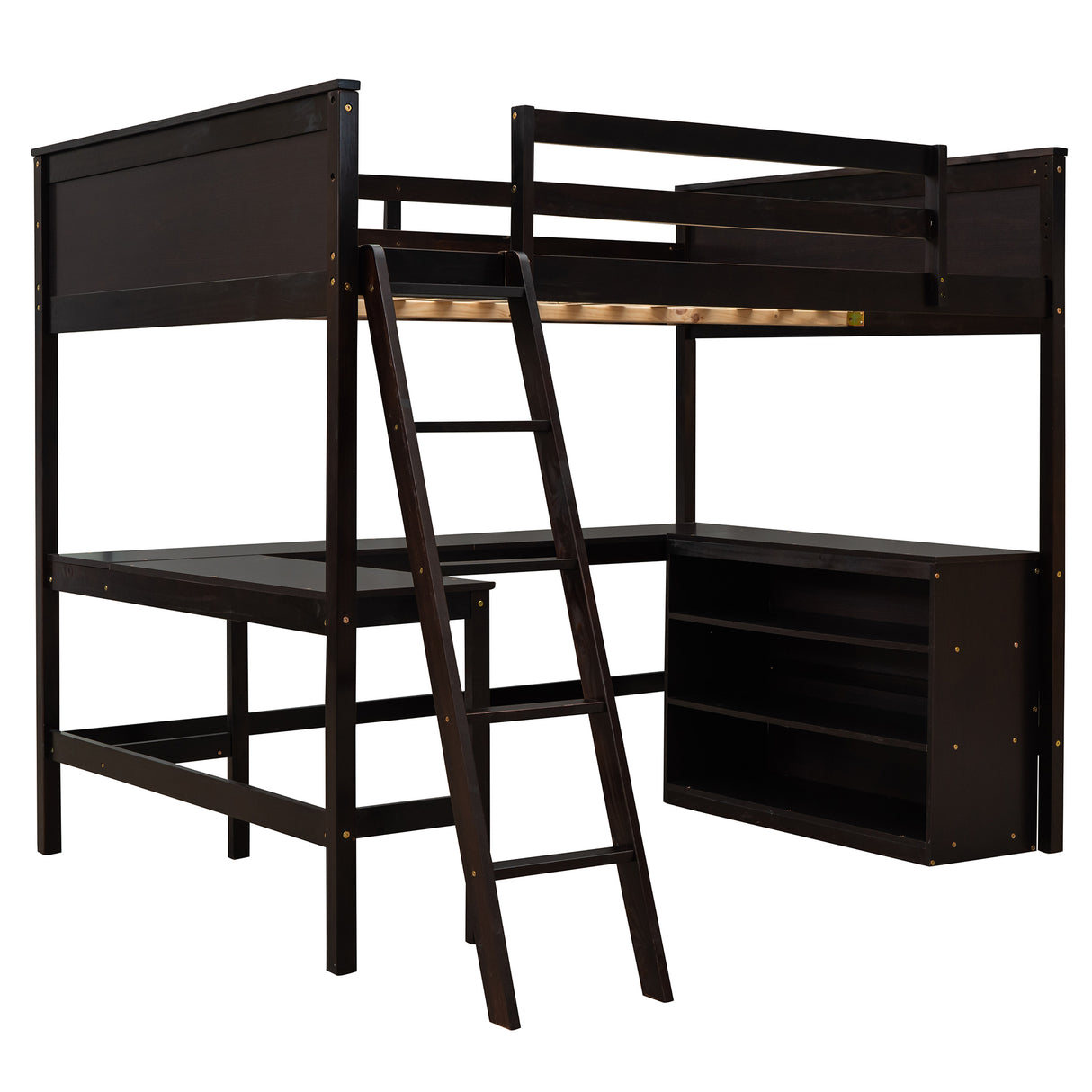 Full size Loft Bed with Shelves and Desk, Wooden Loft Bed with Desk - Espresso - Home Elegance USA