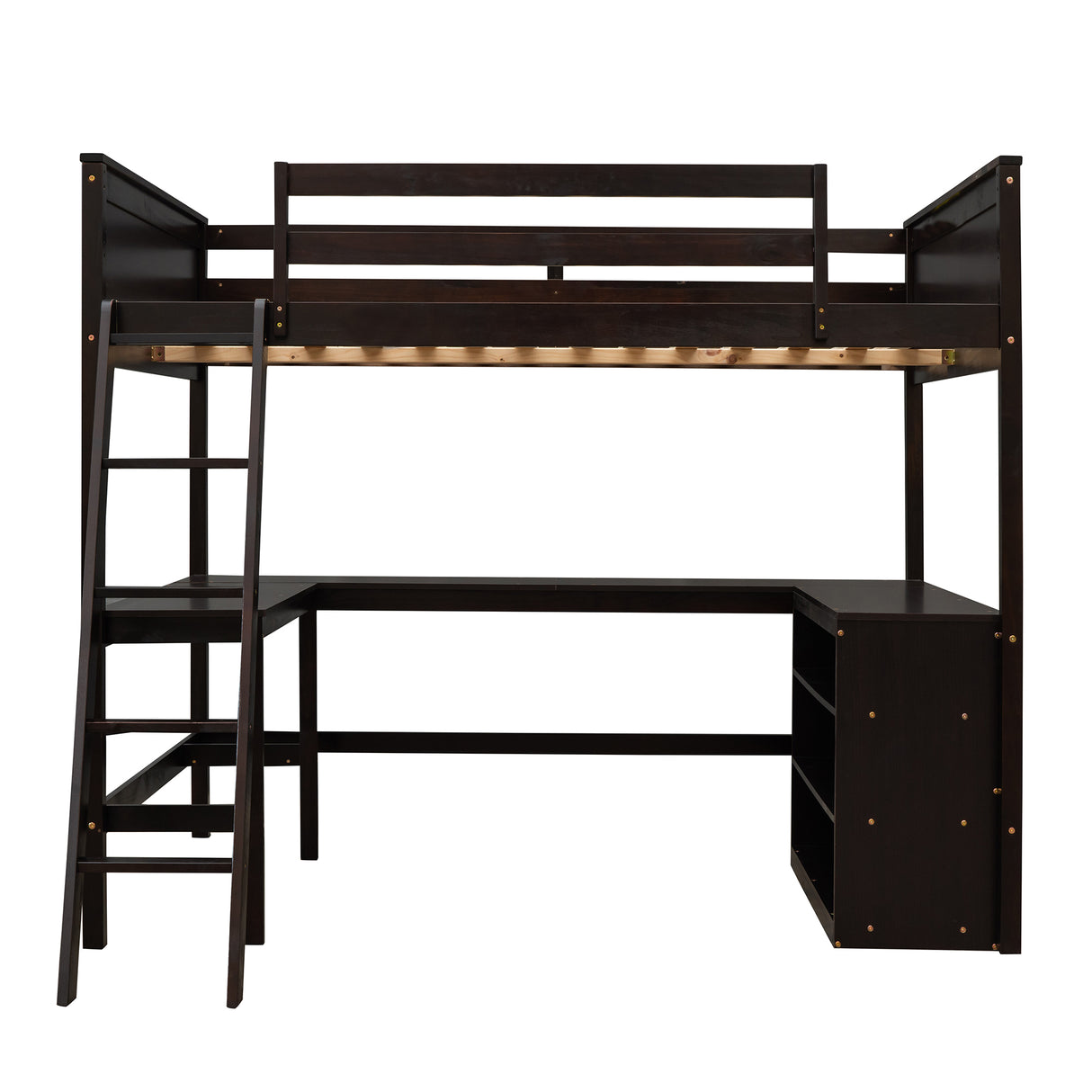 Full size Loft Bed with Shelves and Desk, Wooden Loft Bed with Desk - Espresso - Home Elegance USA