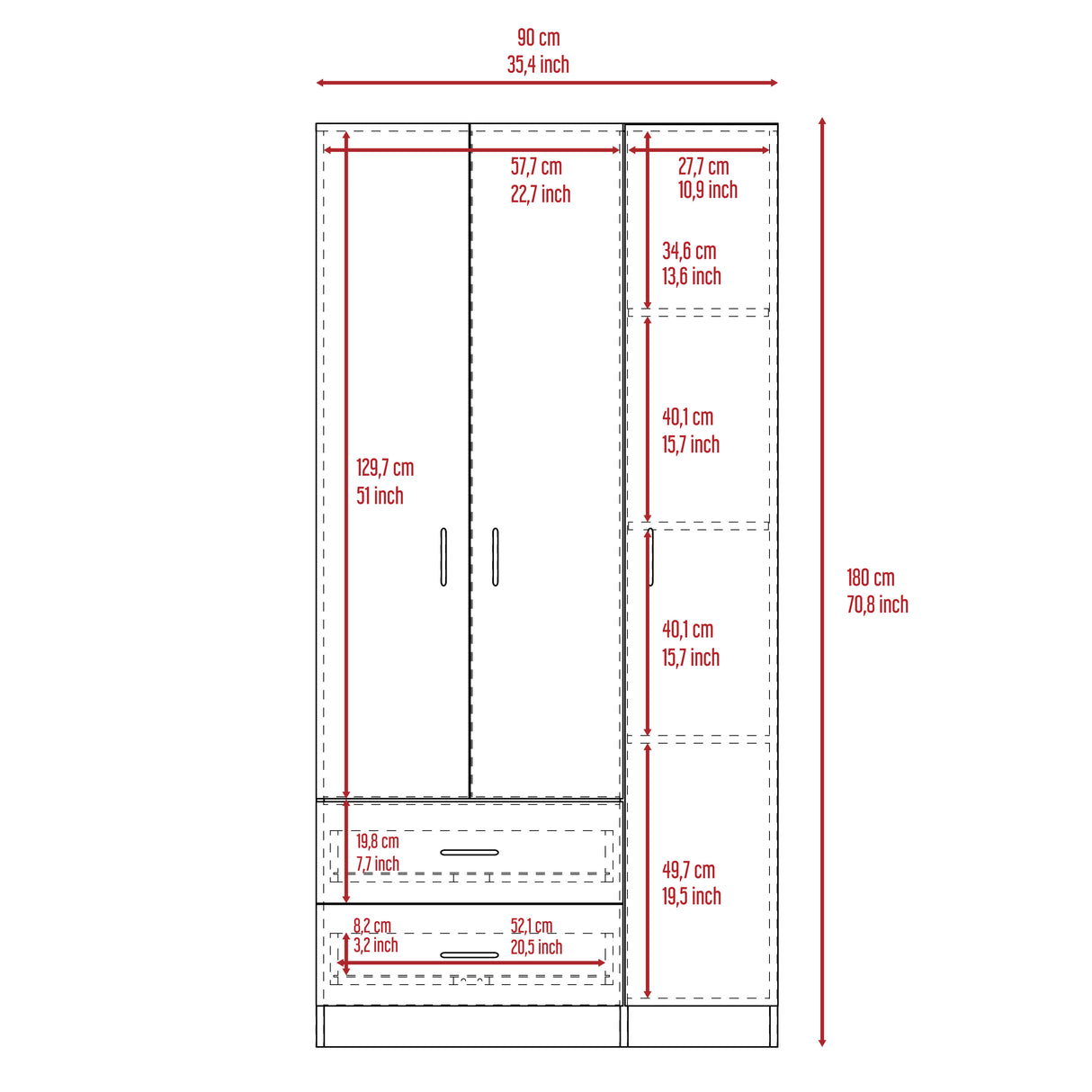 Eureka Three Door Armoire, Two Drawers, Rod - sold by Home Elegance USA