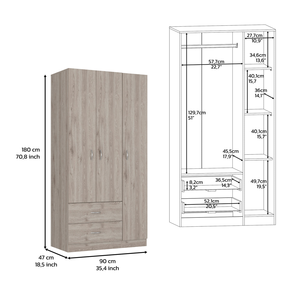 Bosko 3 Doors Armoire, Two Drawers, Metal Rod, Light Gray -Bedroom - sold by Home Elegance USA