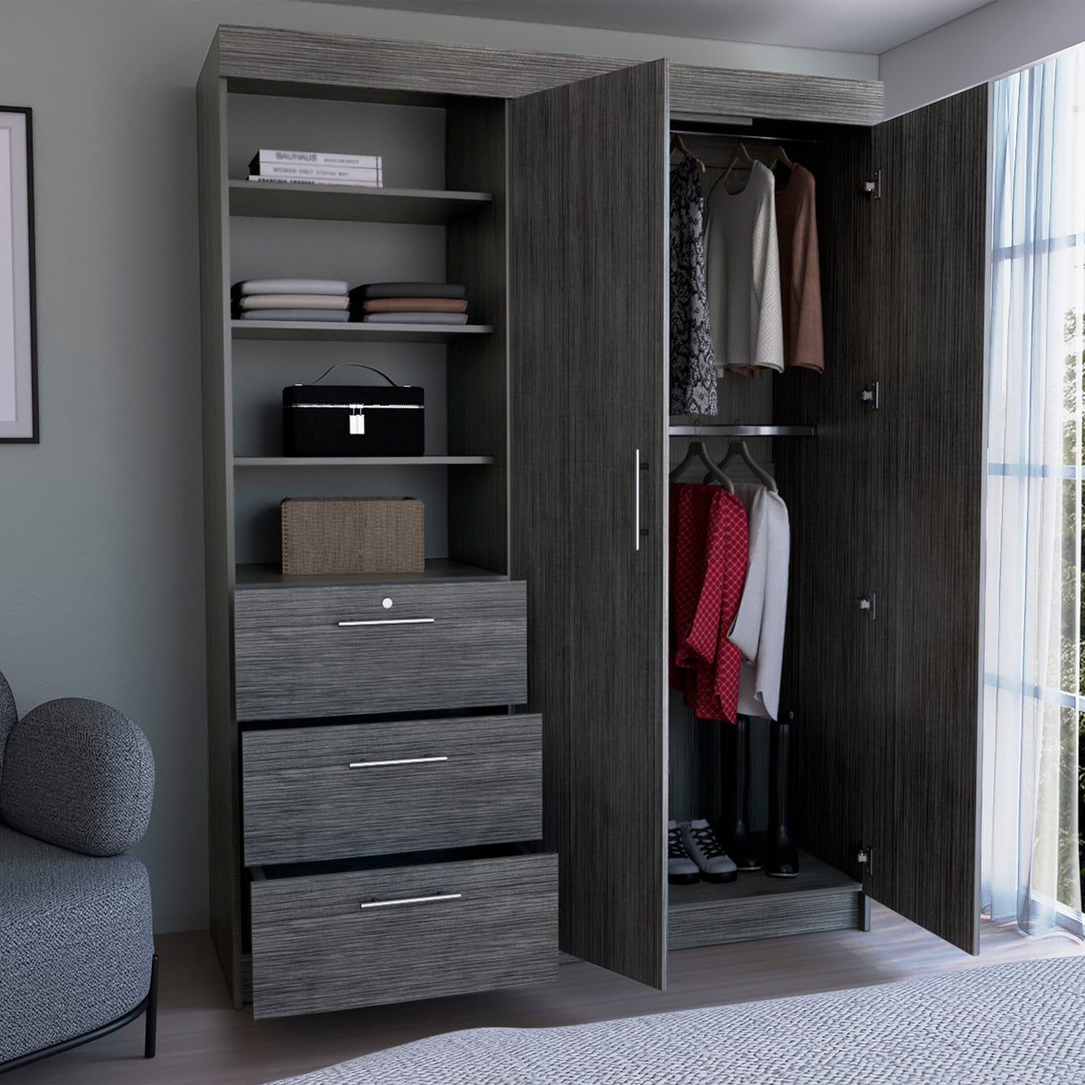 3-Tier Shelf and Drawers Armoire with Metal Handles, Smokey Oak - sold by Home Elegance USA