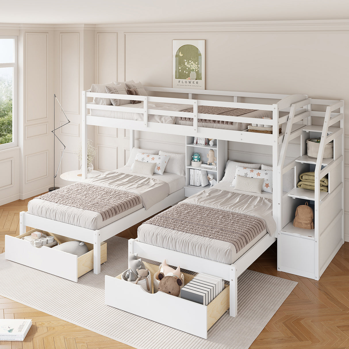 Twin over Twin&Twin Bunk Bed, Triple Bunk Bed with Drawers, Staircase with Storage, Built-in Shelves, White - sold by Home Elegance USA