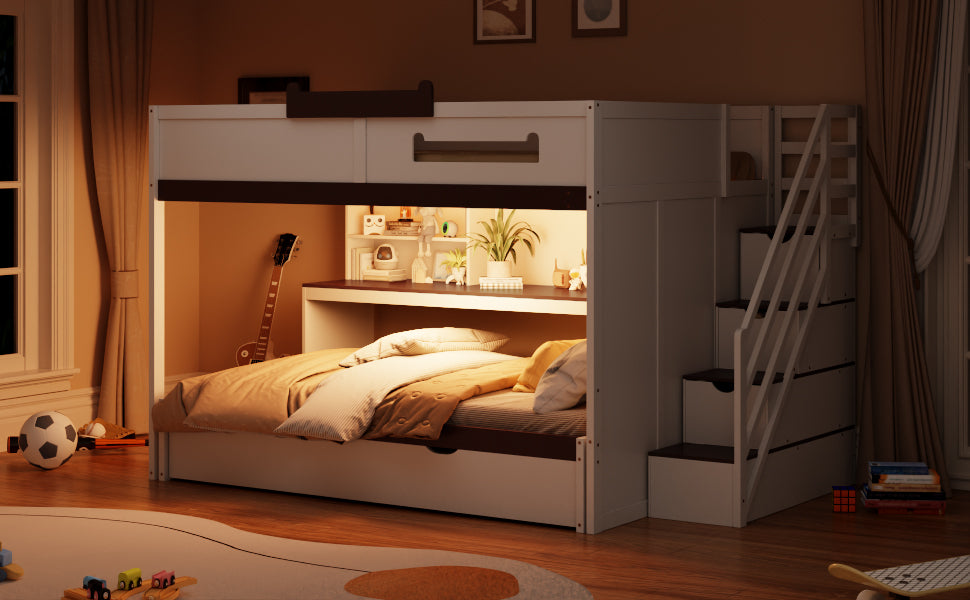 Full Over Full Bunk Bed with Twin Size Trundle and Staircase, Shelves, LED,White - sold by Home Elegance USA