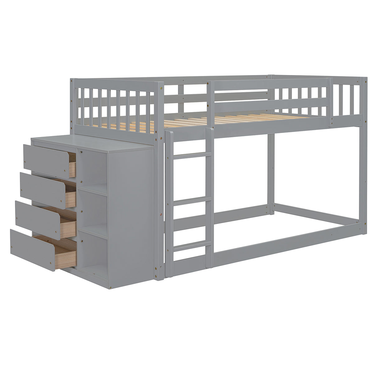 Modern Twin over Twin Bunk Bed with 4 Drawers and 3 Shelves in Gray Solid Wood